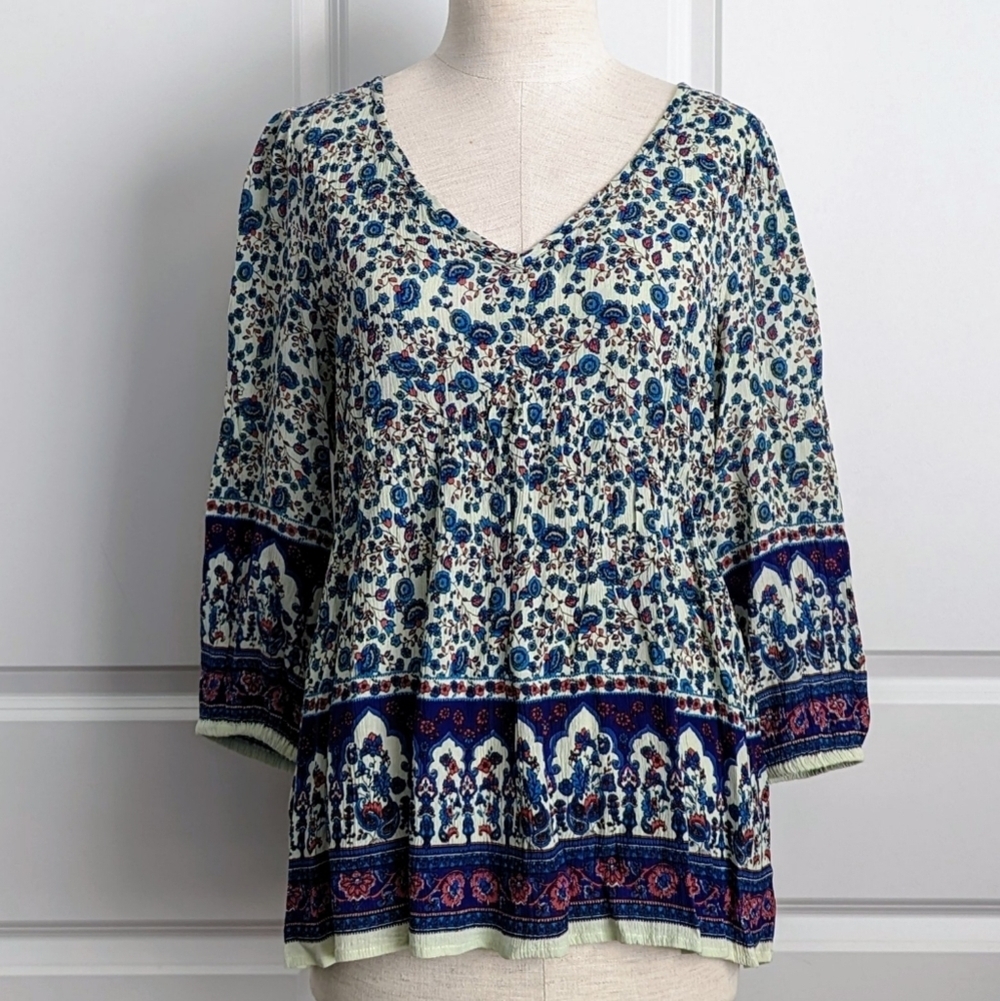 BILA Blouse Boho Floral Print V-Neck 3/4 Length Sleeves Blue Multi S NWT